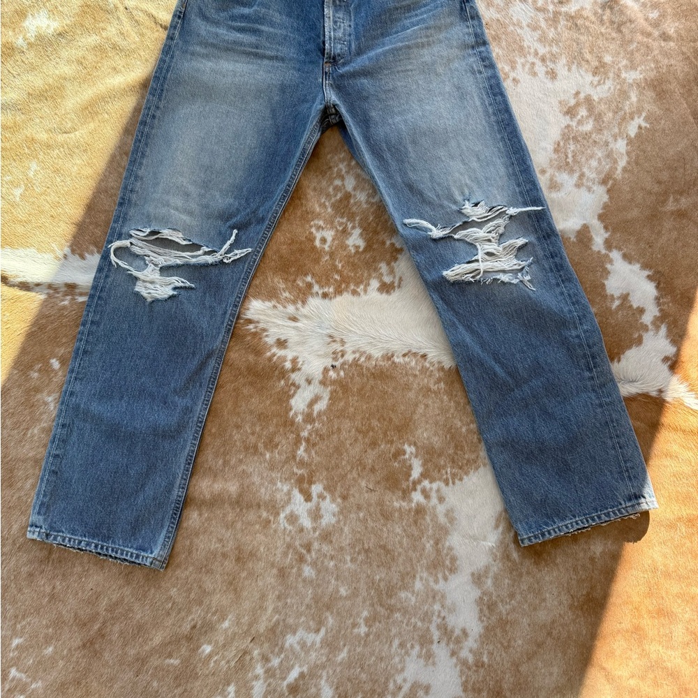 Agolde Women's Distressed Blue Straight Leg Jeans 90’s Pinch Waist $95